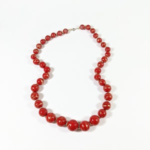 Vintage 80&#39;s Necklace - Red and Gold Tone - Splatter Print Chunky Beads