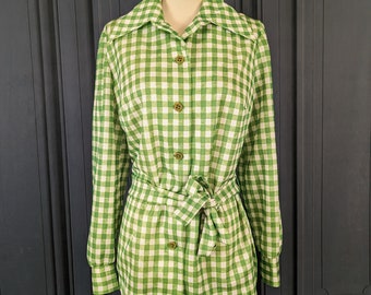 トップス 70s vintage rayon green check shirts Vintage 70's Lime Green Checkered Gingham Shirt and Matching