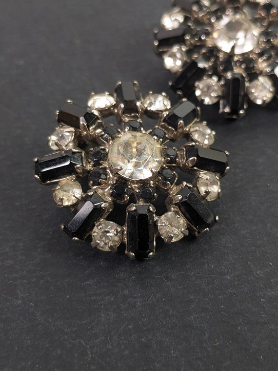 Vintage Rhinestone Clip on Earrings - Black Clear… - image 4