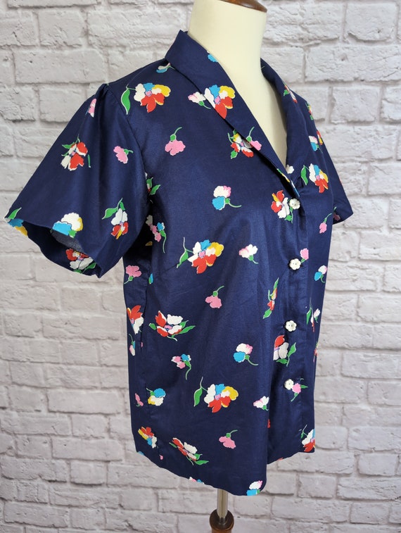 Vintage Cotton Summer Blouse - Dark Blue Floral F… - image 9