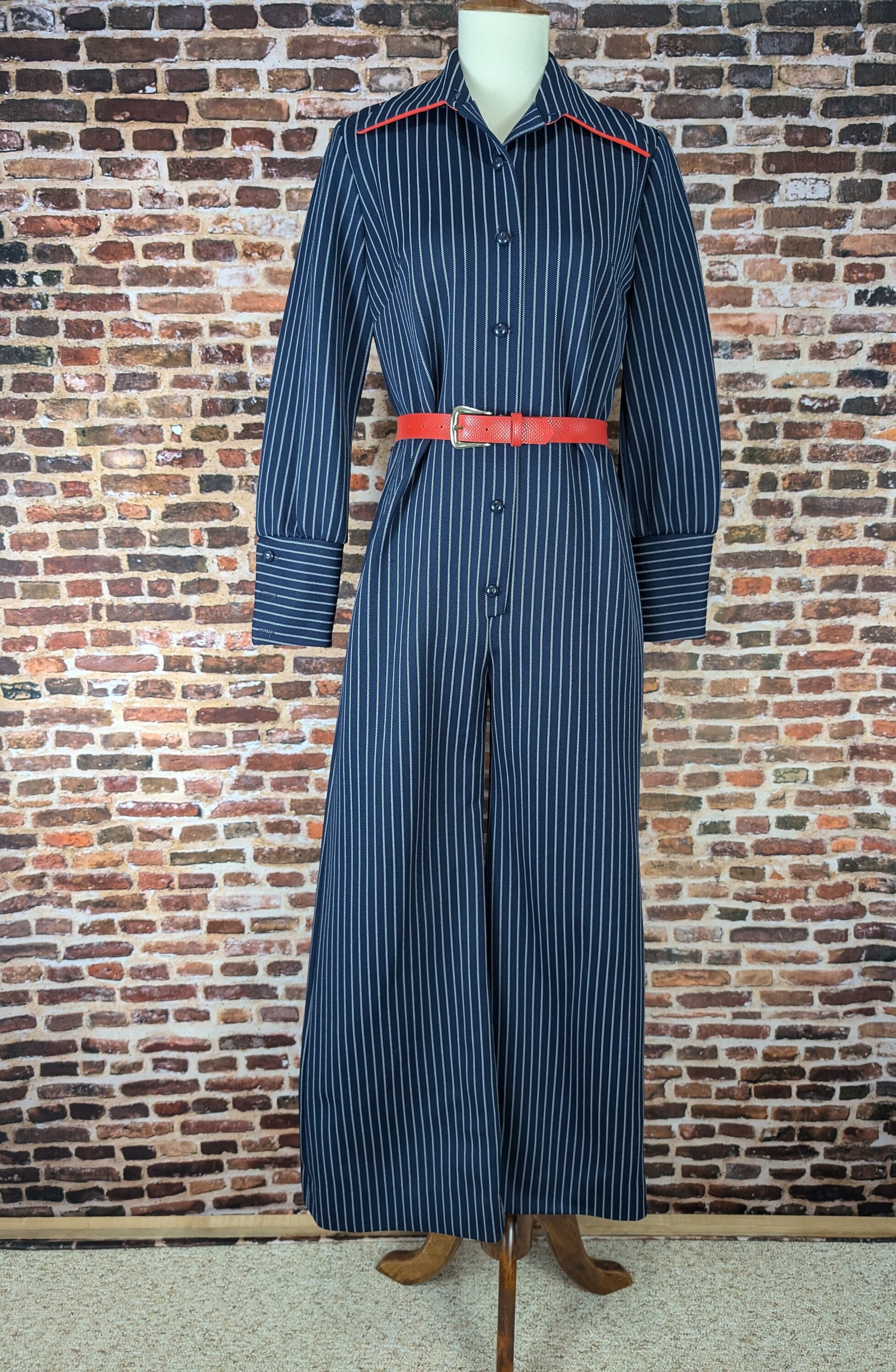 Vintage 70's Jumpsuit - Blue and White Striped Ladies