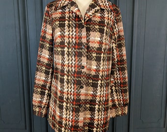 Vintage Brown Checkered Hounds Tooth Knit Blouse - 70's Button up Collared Shirt - Ladies Women's Size Medium Large