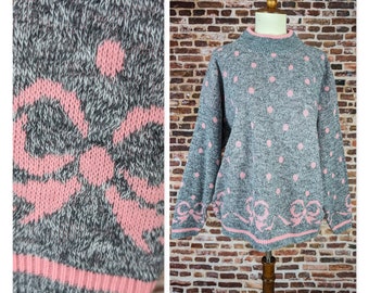 Vintage Gray and Pink 80's Sweater - Pink Bow Patterned Pullover Sweater - Size Large XL