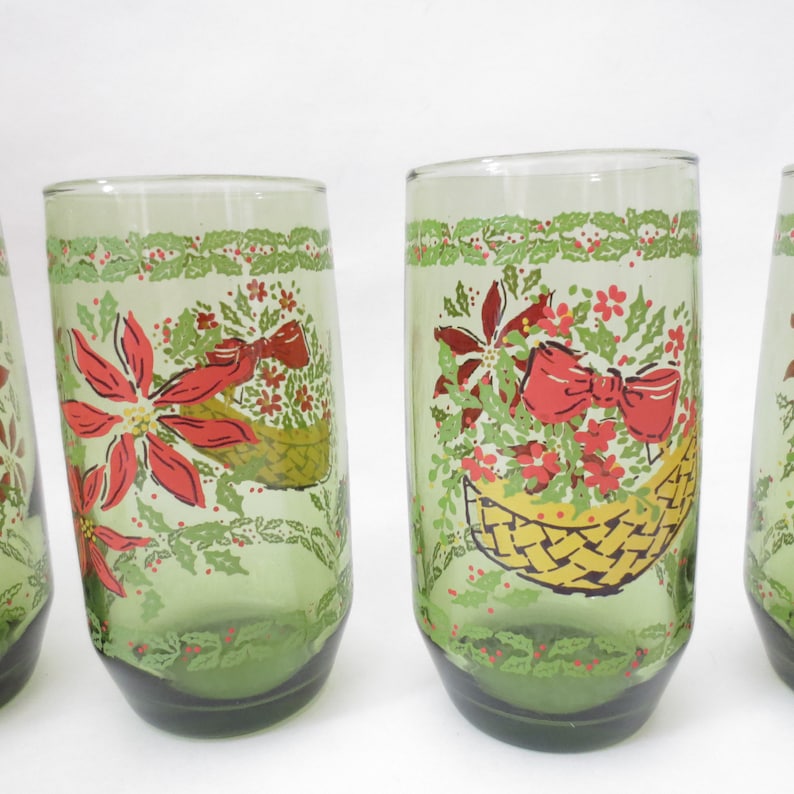 Vintage Christmas Glasses Green Poinsettia Flower Floral Holiday Set of 6 Tumblers Retro Juice Glasses Anchor Hocking