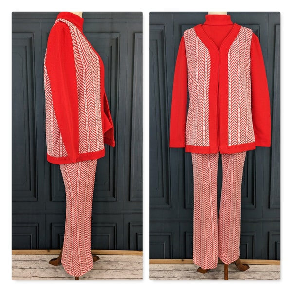 Vintage 70's Women's Leisure Suit - Red Patterned Shirt Vest and Bellbottom Pants Suit - Size Medium