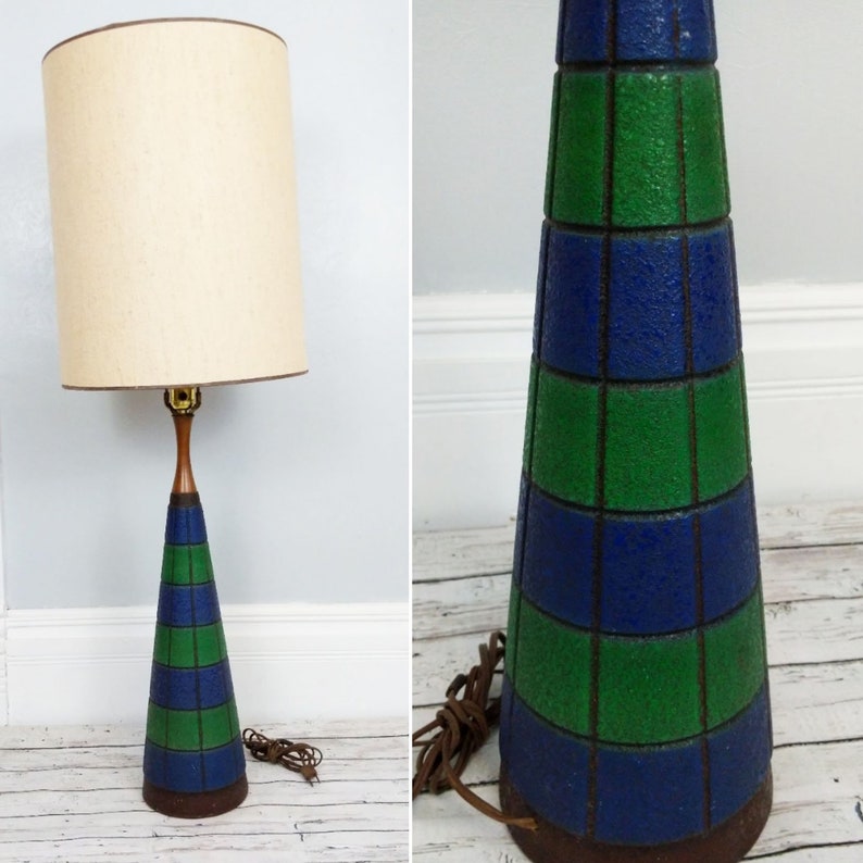 Tall Mid Century Table Lamp With Shade 35 Inch Green Blue Check Ceramic Atomic