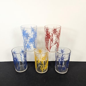 Vintage Juice Glass Set of 5 Red Yellow Blue Flower Print - Small 40's 50's Tumblers