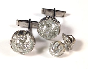 Vintage Cufflinks Set - Clear Crackle Glass Bead Silver Tone Menswear Gift
