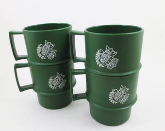 Vintage Tupperware Mugs Green Birds 70s Set of 4 Cups