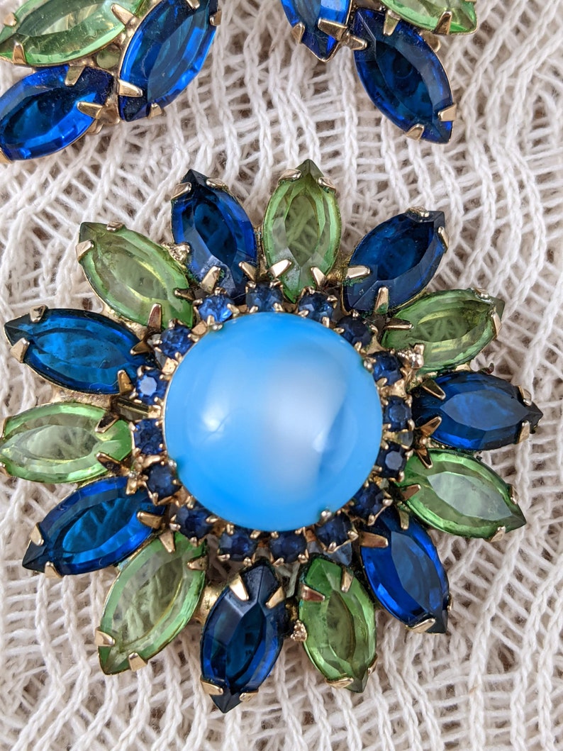 Vintage Rhinestone Brooch and Earrings Set Blue and Green Marquise Stones