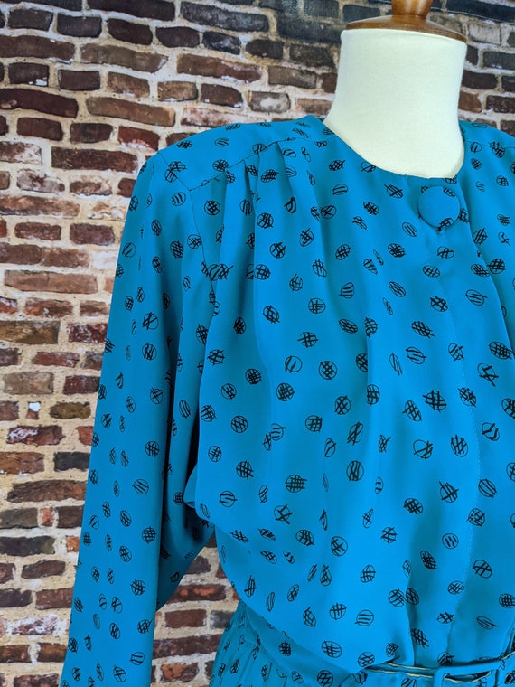 Vintage 80's Dress - Teal Black Polka Dots - Shir… - image 7