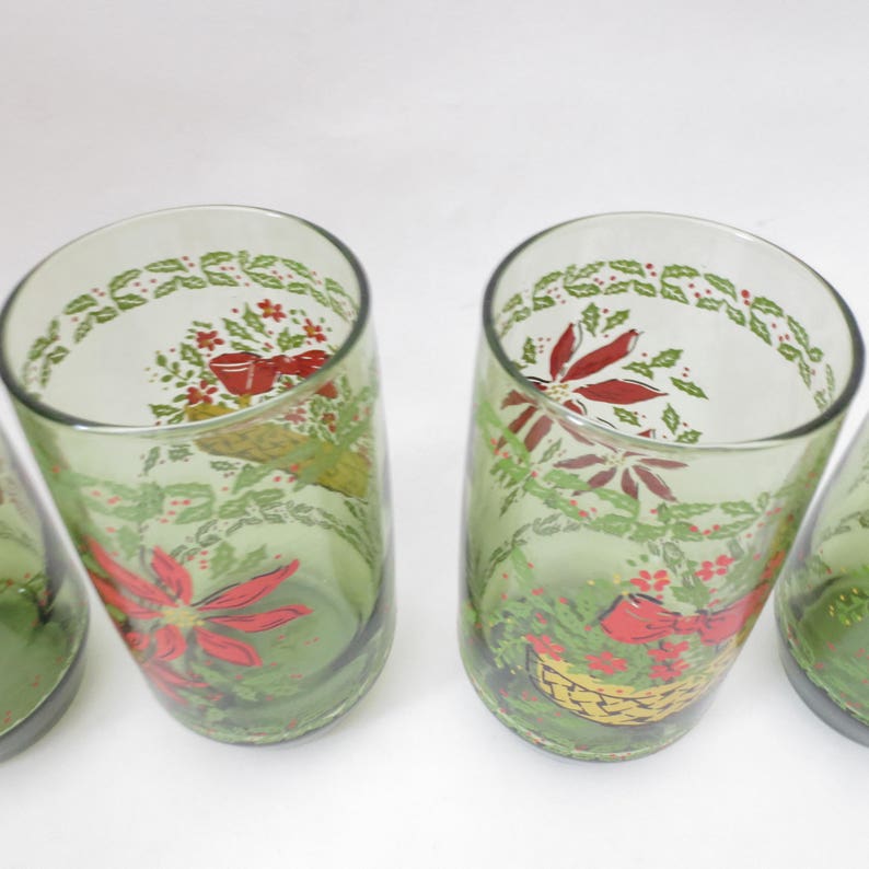 Vintage Christmas Glasses Green Poinsettia Flower Floral Holiday Set of 6 Tumblers Retro Juice Glasses Anchor Hocking