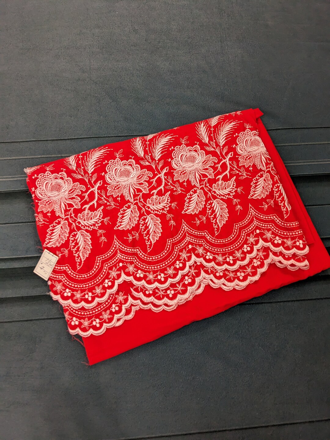 Vintage Border Print Embroidered Fabric Red White Flowers Etsy