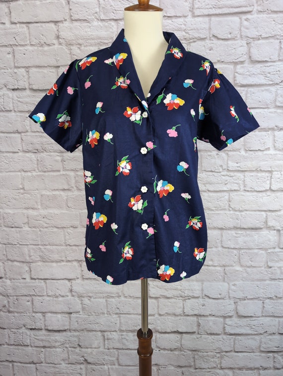 Vintage Cotton Summer Blouse - Dark Blue Floral F… - image 5