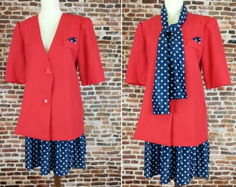 Vintage Women's Skirt Suit 80's Power Suit Red Blue Polka Dot Size 8 Medium