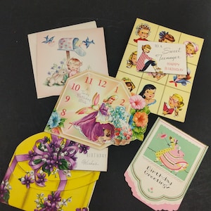 50er Jahre Geburtstagskarte Lot - Vintage 5er Set - Neuheit Illustrationen Juvenile Kid's Teenager