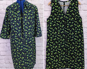 Vintage Cotton Shift Dress with Matching Jacket - Blue and Green Floral Print - Size Medium Large