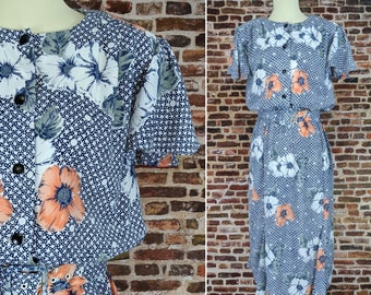 Vintage 80's 90's Dress - Blue Floral Print Ruffles - Size Small Medium