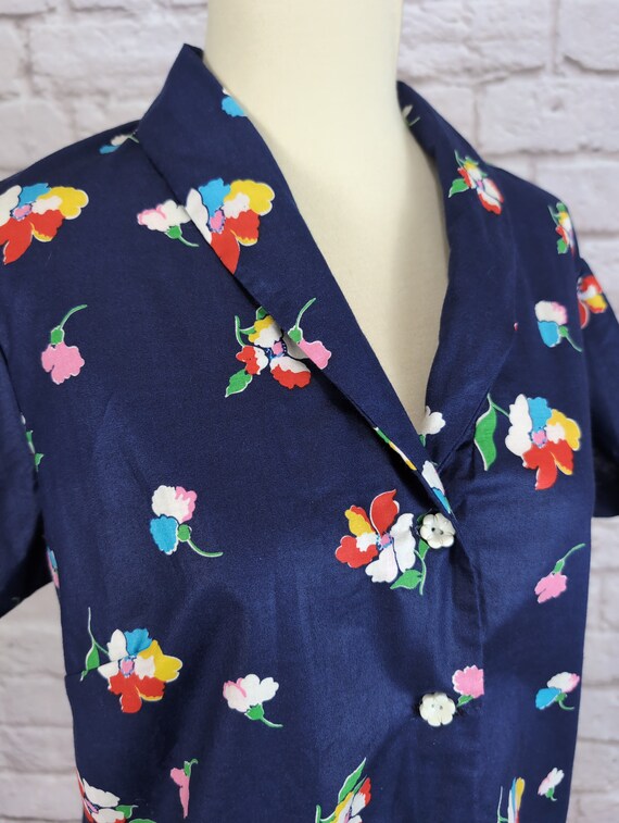 Vintage Cotton Summer Blouse - Dark Blue Floral F… - image 6