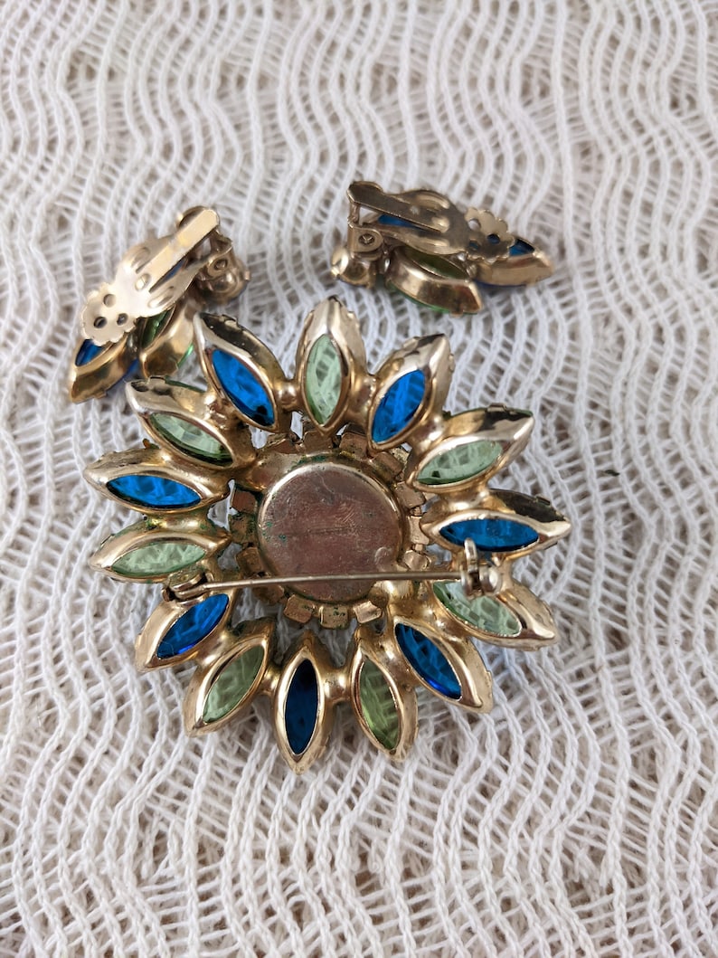 Vintage Rhinestone Brooch and Earrings Set Blue and Green Marquise Stones
