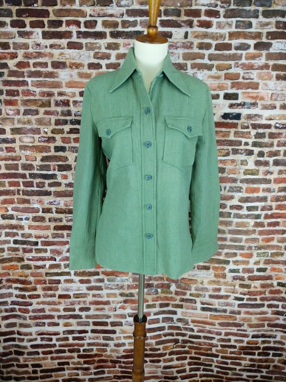 Vintage 70's Blazer Moss Green Button Up Shirt Wo… - image 1