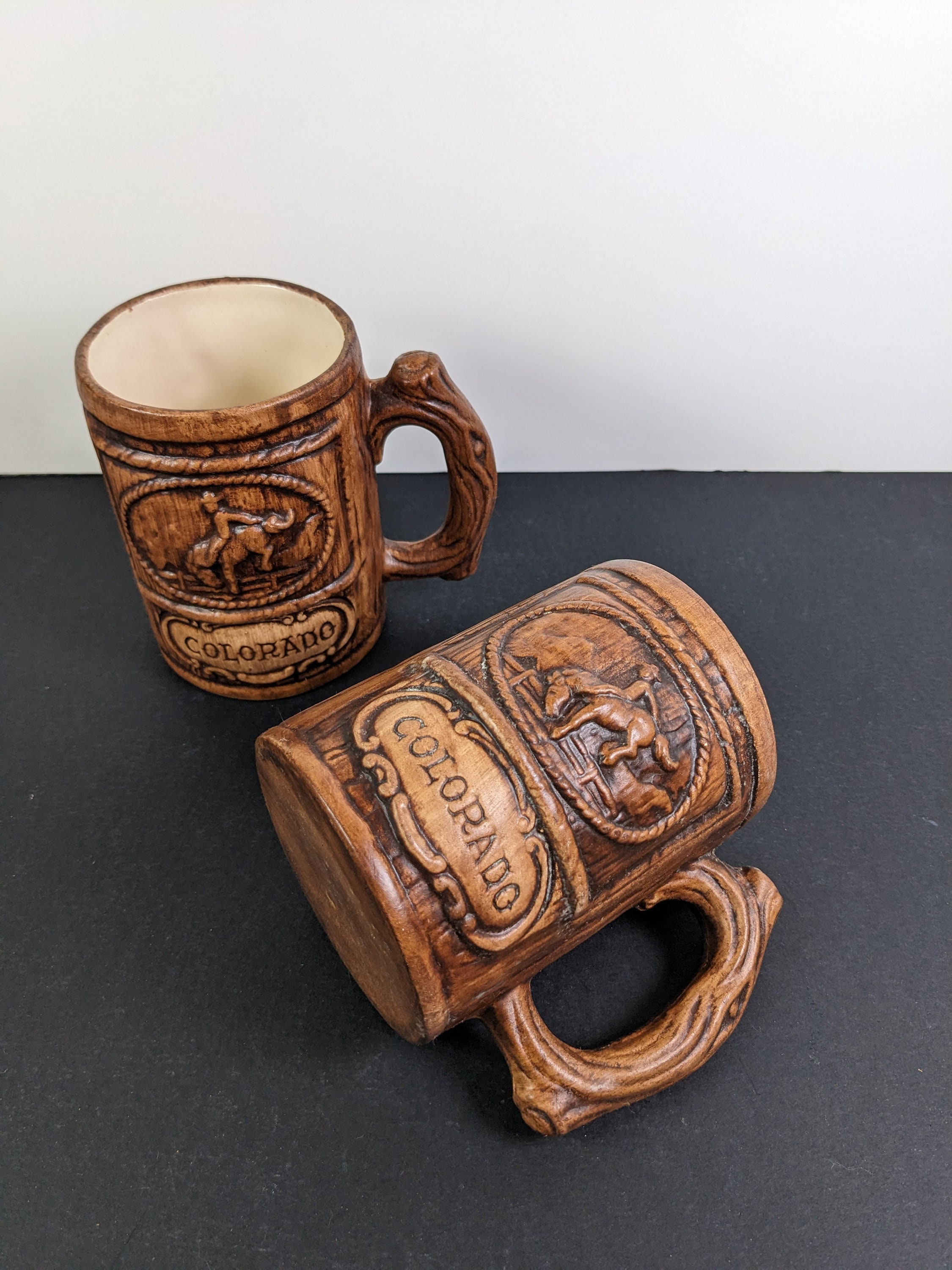 Vintage Colorado Souvenir Mugs - Pair of Wooden Ceramic Mugs
