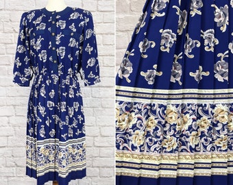 Vintage 80's Dress - Blue Roses Border Print - Shirt Waist Size Medium