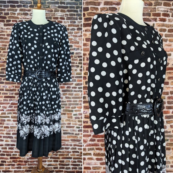 Vintage 80's Dress - Black White Polka Dots - Shi… - image 1