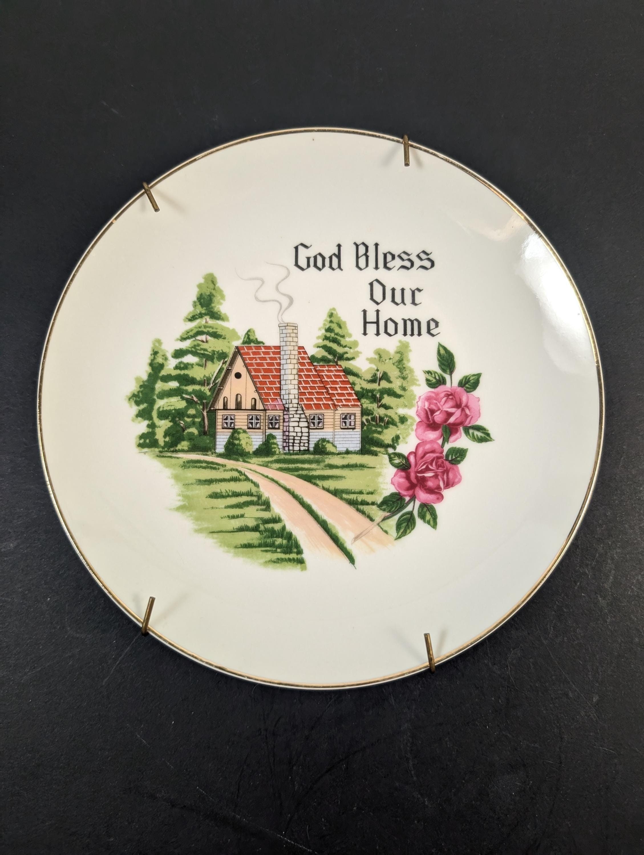 Vintage Decorative Plate - House Blessing Gold Bless Our House - Country Cottage Wall Hanging Kitchen Decor