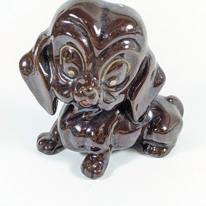 Vintage Dog Figurine - 4 Inch Tall Brown Glazed Ceramic - Big Eyed Puppy Dog