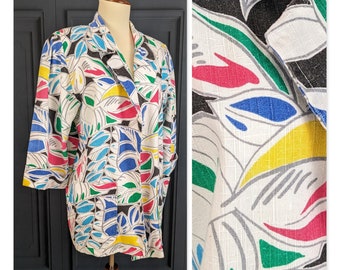 Vintage 80's Patterned Jacket - Linen Like Summer Fabric - Size Large
