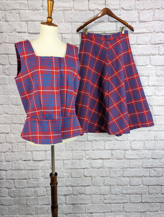 Vintage Mod Two Piece Plaid Dress - Red and Blue … - image 6