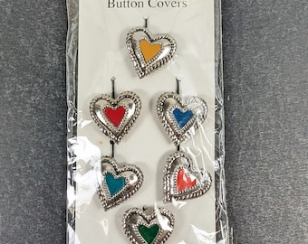 Vintage Button Covers Set - 80's Jewelry Accessory - Colorful Western Style Hearts Embellishment
