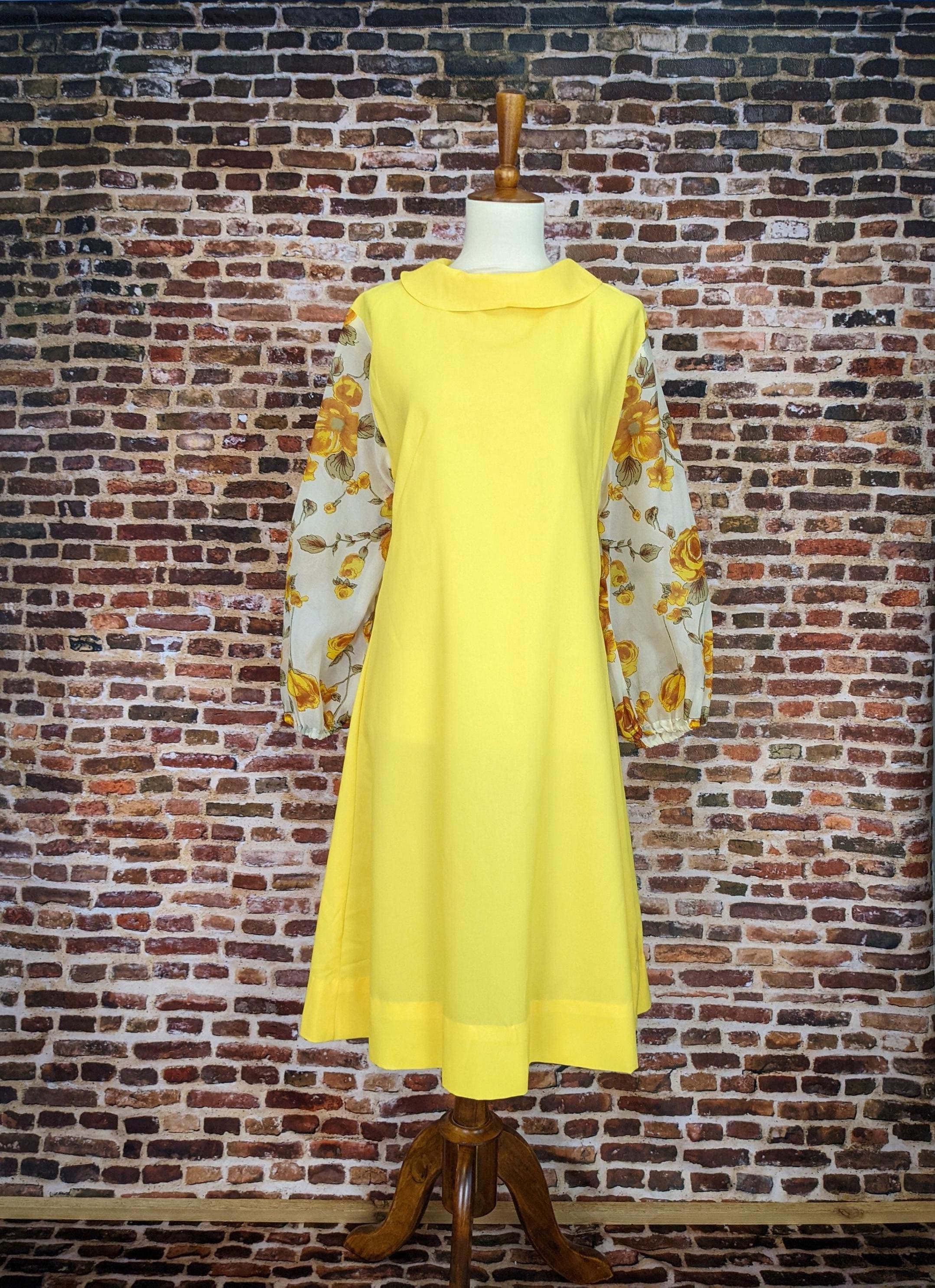 Vintage Yellow 60's Dress - Long Sleeve Floral Shift - Size Small