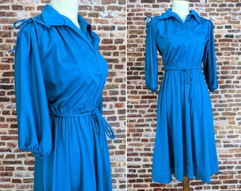 Simple Robe Shirtwaist des années 70 - Tricot Stretch Bleu Sarcelle - Taille Moyenne Grande