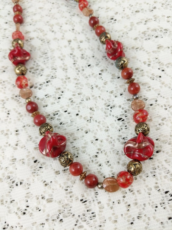 Vintage Glass Beaded Necklace Red Gold Tone Beads… - image 1