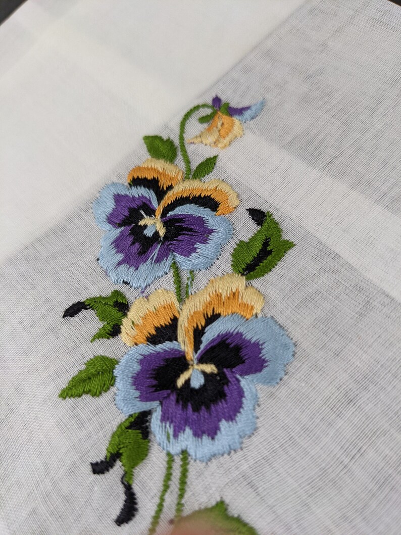 All Cotton Pansy Flowers Vintage Embroidered Handkerchief