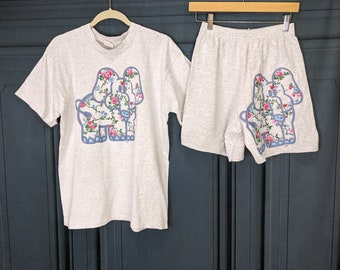 Vintage 80's 90's Pajama Set - Heather Grey T Shirt Knit Elephant Print - Size Small Women's