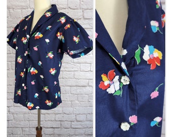 Vintage Cotton Summer Blouse - Dark Blue Floral Flower Print- Short Sleeve Shirt Size Medium