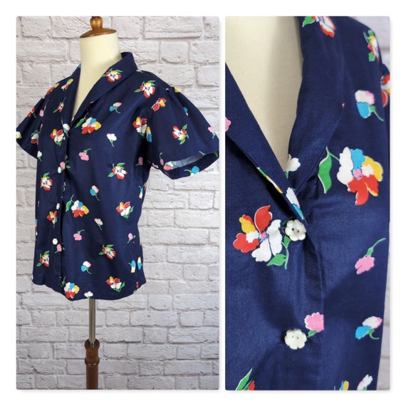 Vintage Cotton Summer Blouse - Dark Blue Floral F… - image 1