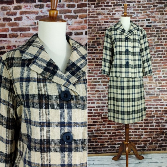 Womens Wool Suit 1960/'s Two Piece Skirt and Jacket Vintage Secretary Style Suit Tartan Tailored Ladies 2 Piece Mid Century Skirt Suit