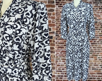 Vintage 80's Dress - Black White Checkered Print with Buttons - Shirt Waist Size 8 Medium