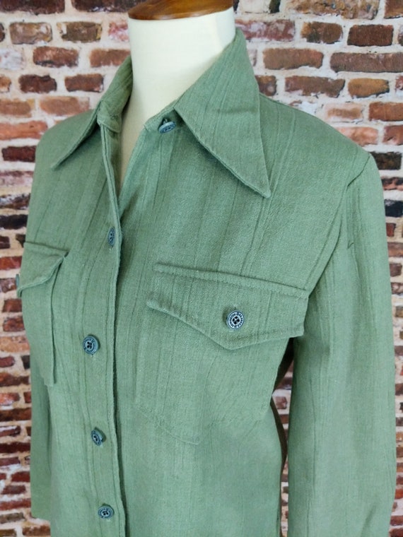 Vintage 70's Blazer Moss Green Button Up Shirt Wo… - image 3