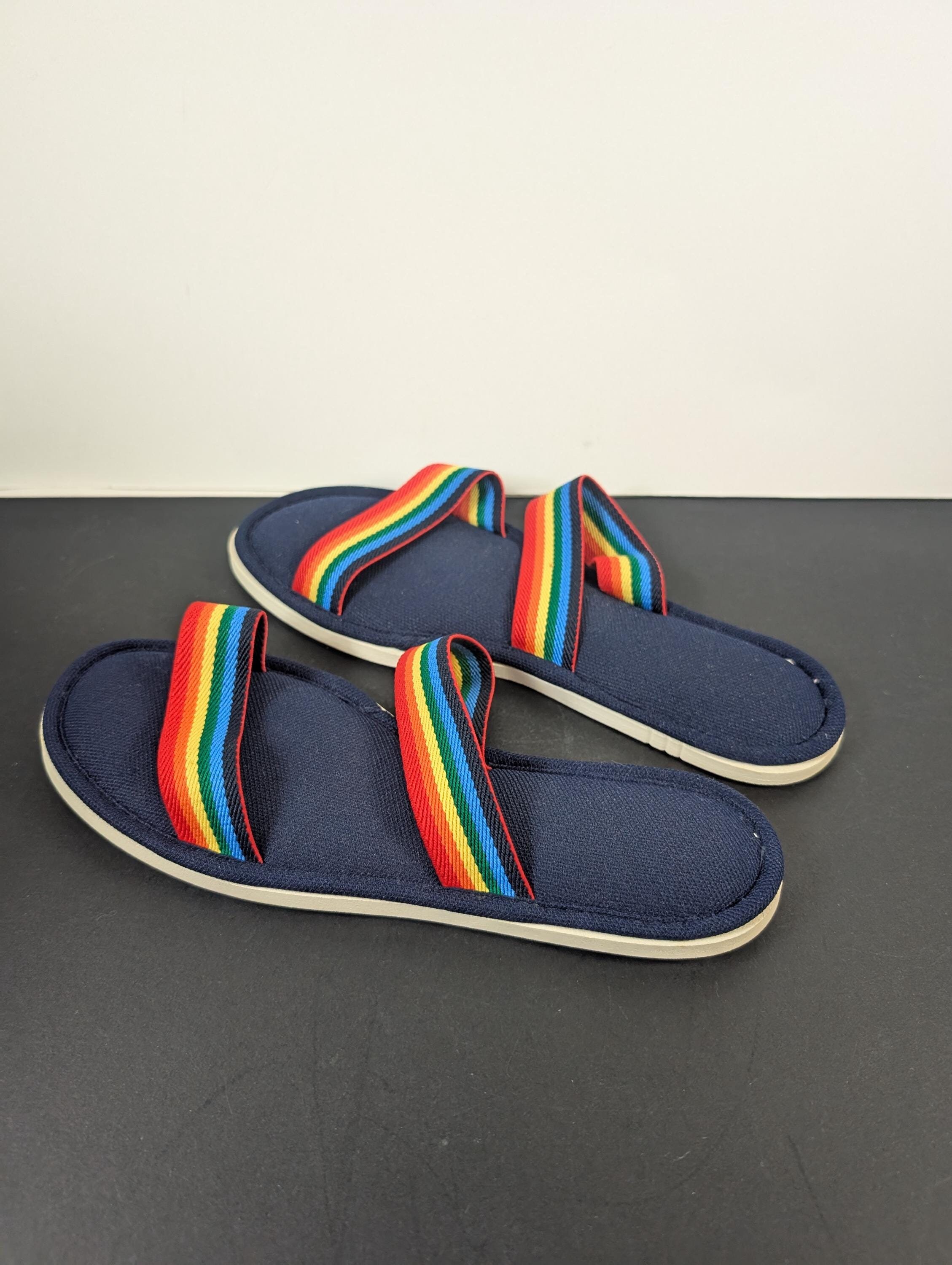 Vintage 70's 80's Blue Sandals With Rainbow Straps - Size 8