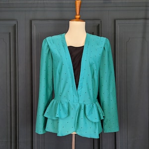 Vintage 80&#39;s Blouse - Teal Blue Long Sleeve Shirt with Peplum Waist - Size L 12
