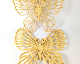 Vintage Burwood Butterflies Yellow Wall Hanging Decor Set of 2 Retro 70s Mid Century Boho