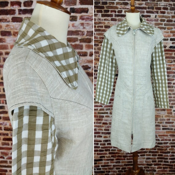 Vintage Mod Dress Size Gingham and Linen Tan Khaki