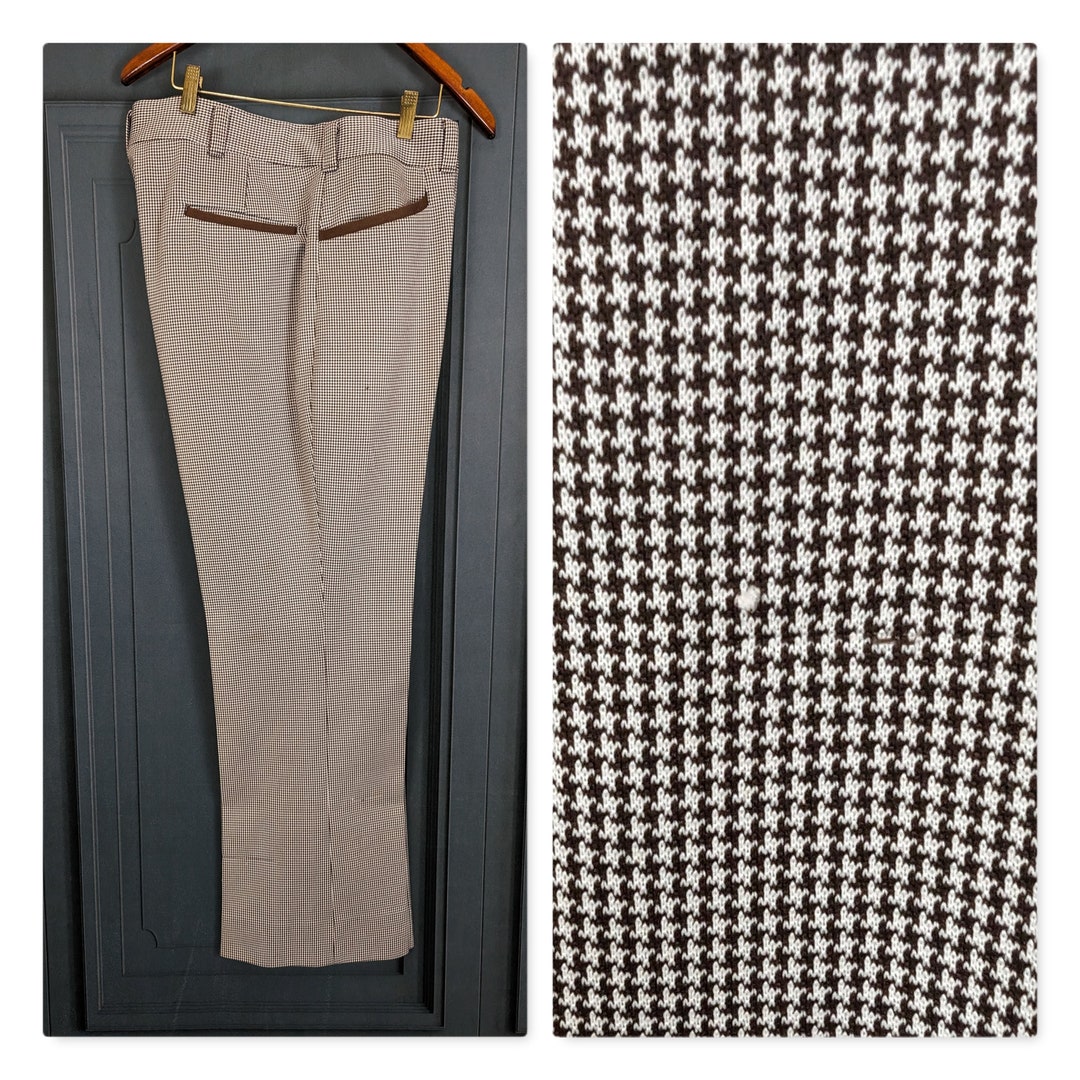 Vintage Men's Dress Pants - Brown White Hounds Tooth Check