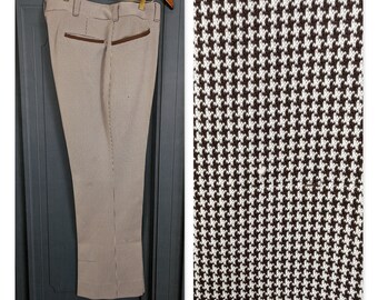 Vintage Men's Dress Pants - Brown White Hounds Tooth Check Stretch Knit - Flared Leg Pants 41 x 30.5