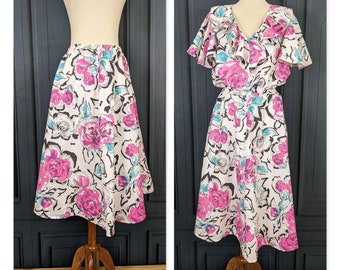 Vintage Two Piece Dress - Pink Teal Roses Print 80's Outfit - Skirt and Top Size Medium Large